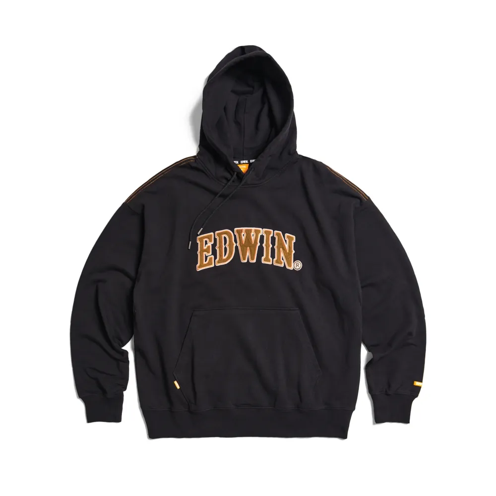 【EDWIN】男裝 橘標 寬版貼布大LOGO連帽長袖T恤(黑色)