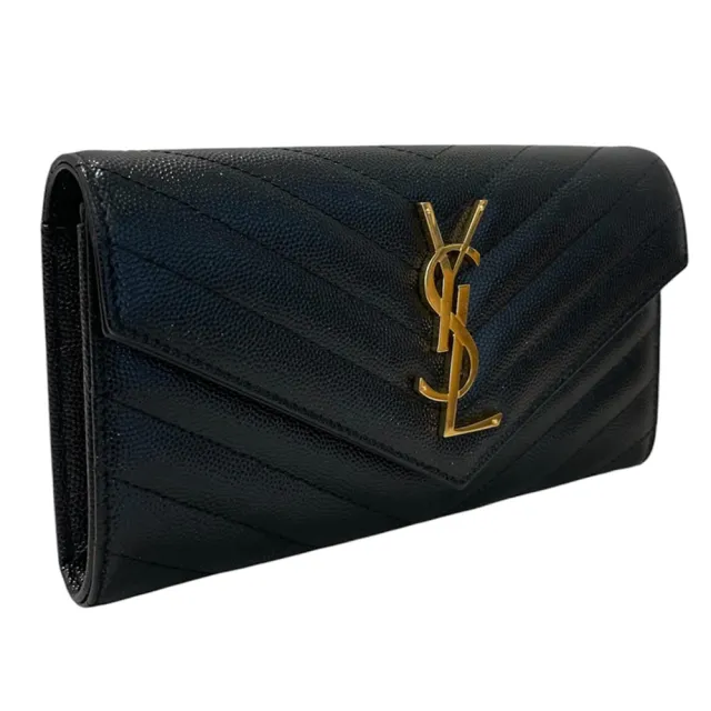 【YSL】魚子醬牛皮金色LOGO釦式長夾 黑色