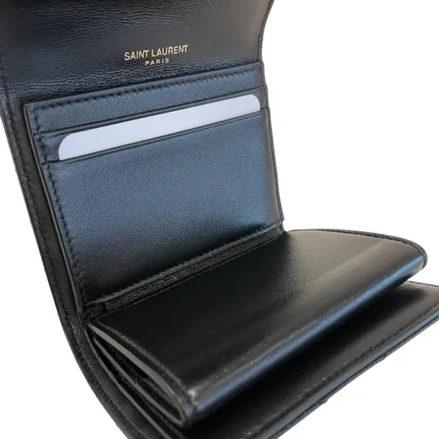 【YSL】牛皮三折開釦短夾零錢包 黑色