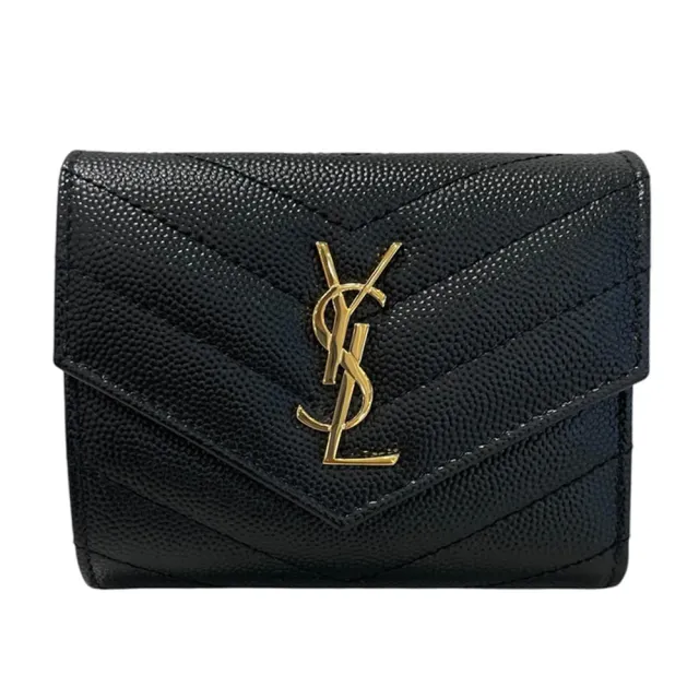【YSL】牛皮三折開釦短夾零錢包 黑色