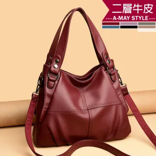 【Amay Style 艾美時尚】女包 真皮包 斜提包 質感拼接軟皮革大容量真皮手提肩背包(7色.現貨+預購)
