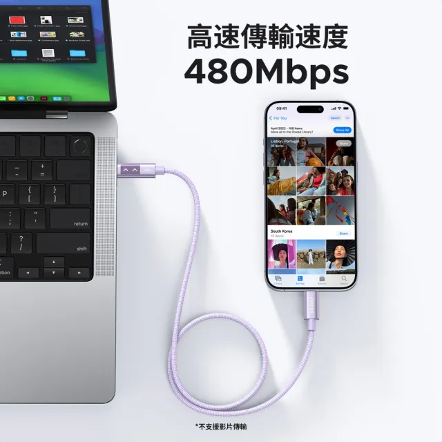 【綠聯】綠聯 小機器人 100W 雙USB-C  粉紫色 充電線/傳輸線 1公尺(UGREEN/PD快充/Type-C/編織線/C-C/1M)