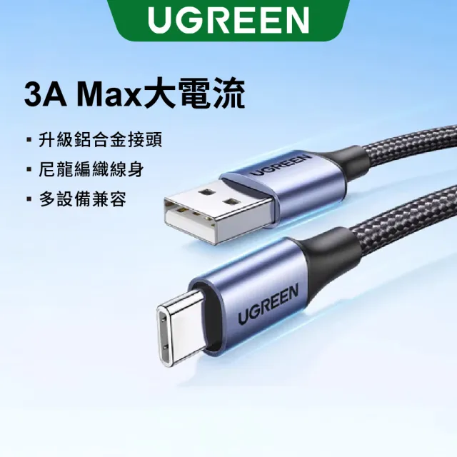 【綠聯】USB-A to Type-C 快充傳輸線 Aluminum BRAID版 0.25M 黑色(A-C快充線/編織線/UGREEN)