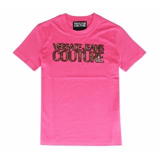 【VERSACE 凡賽斯】VERSACE JEANS 內布標白字LOGO純綿亮片字母設計短袖T恤(女款/粉)