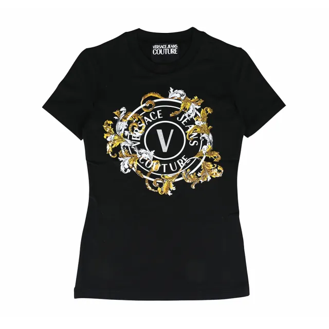 【VERSACE 凡賽斯】VERSACE JEANS COUTURE 內布標白字LOGO棉質混紡亮片藝術花紋搭圓圈修身短袖T恤(女款/黑)