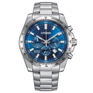 【CITIZEN 星辰】Chronograph系列 經典三眼計時腕錶/銀X藍44mm(AN8230-59M)
