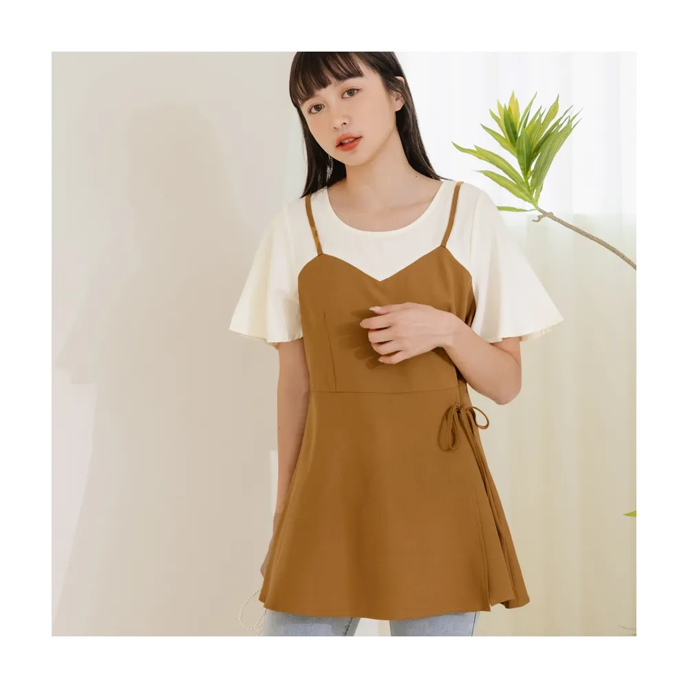 【OB 嚴選】假兩件收腰綁帶傘袖長版上衣 《AB18882》