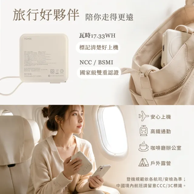 【YOMIX 優迷】四合一安芯超迷你20W快充5000mAh半固態磁吸行動電源(自帶Type-C線/電量顯示/磁吸充/PD快充)