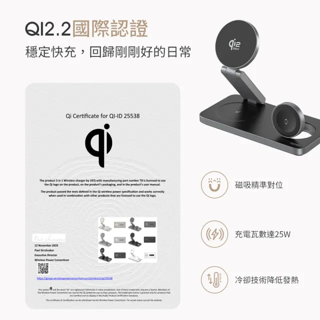 【YOMIX 優迷】Qi2.2 25W三合一折疊磁吸無線充電座(MagSafe/Apple watch/AirPods/iPhone 18/Duo/多設備)