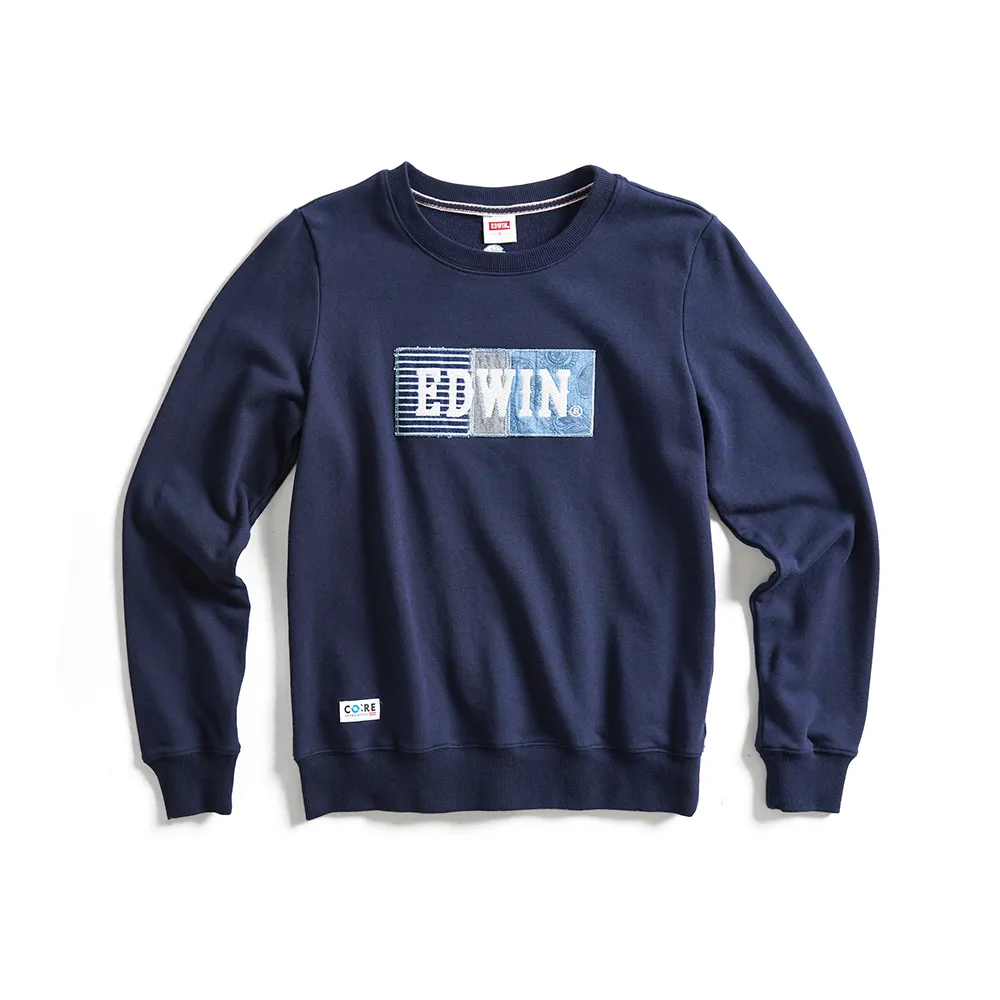 【EDWIN】女裝 再生系列 CORE 環保丹寧拼貼BOX LOGO厚長袖T恤(丈青色)