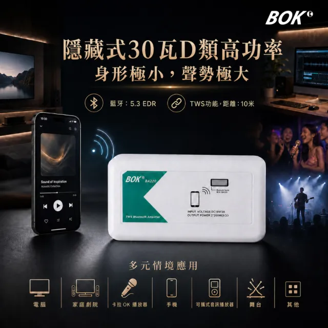 【BOK】AP Model 230 TWS藍牙小擴大機及IK-208 8吋方形二音路崁入式喇叭2支套組含MKL N60喇叭線20米