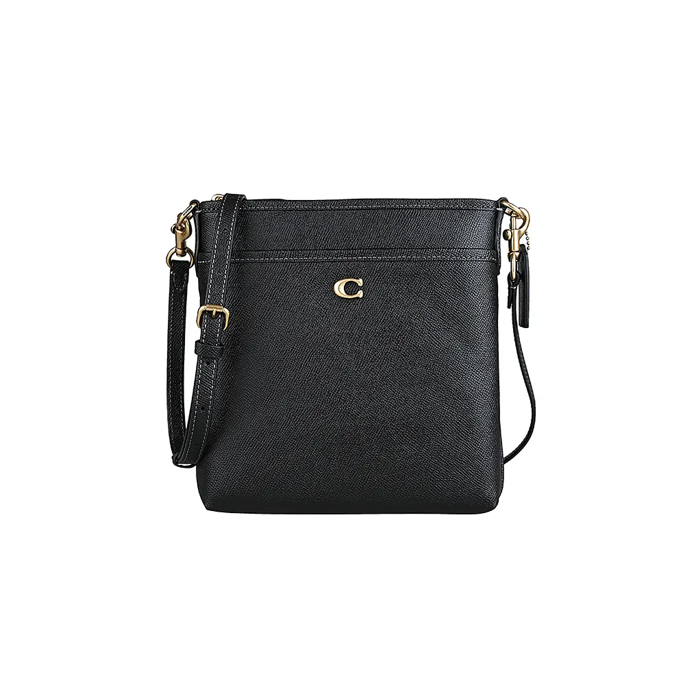 【COACH】Kitt經典C金屬LOGO素面防刮皮革斜背包(黑)