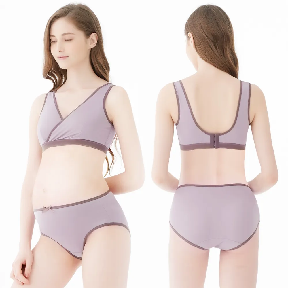【Gennies 奇妮】哺乳內衣褲成套 休閒棉交叉款無鋼圈內衣 中腰內褲(孕婦內衣 孕婦內褲 紫芋 A42B22)