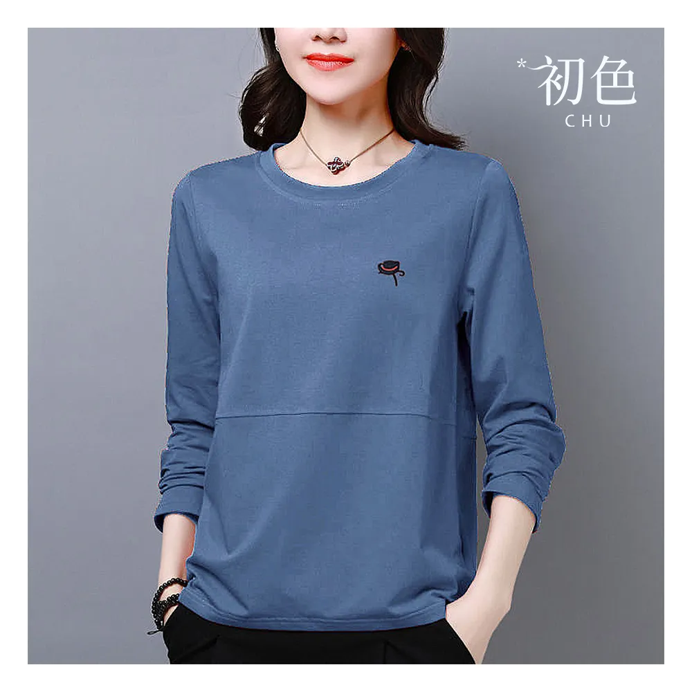 【初色】簡約純色圓領拼接帽子刺繡長袖T恤上衣女上衣-共5色-32228(M-2XL可選)