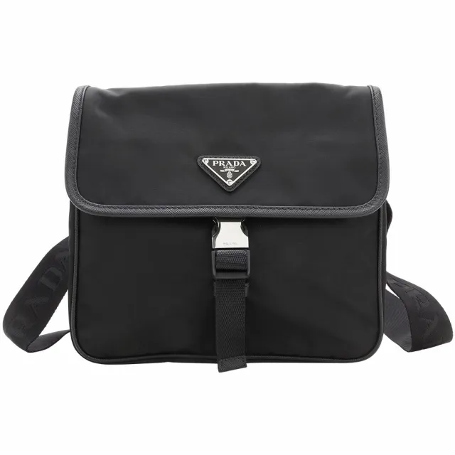 【PRADA 普拉達】Re-Nylon 三角牌單扣尼龍防刮皮邊翻蓋斜背包(黑色 2VD077)