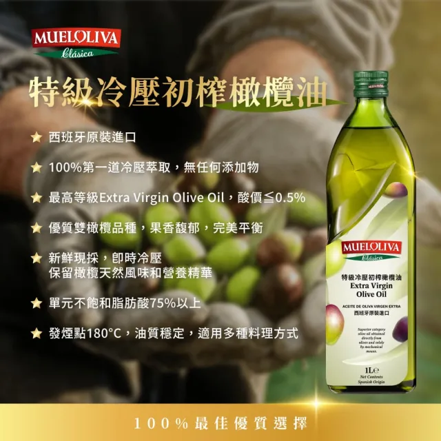 【MUELOLIVA 茉麗華】特級冷壓初榨橄欖油1000mlx3入(可生飲、酸價≦0.5%、單元不飽和脂肪酸75%以上)