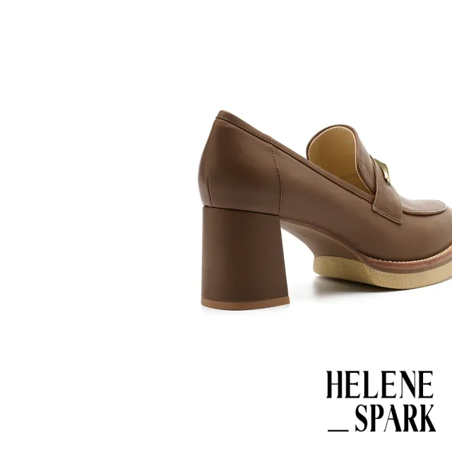 【HELENE_SPARK】復古時尚金屬長釦胎牛皮樂福美型高跟鞋(棕)