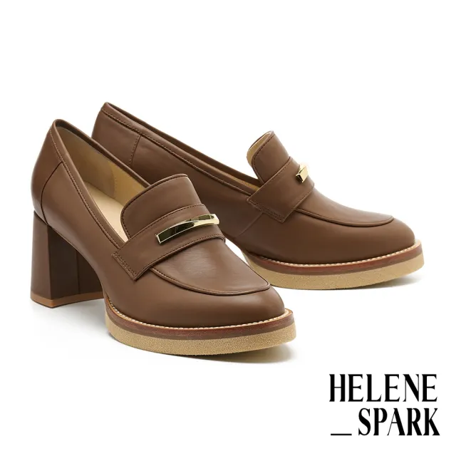 【HELENE_SPARK】復古時尚金屬長釦胎牛皮樂福美型高跟鞋(棕)