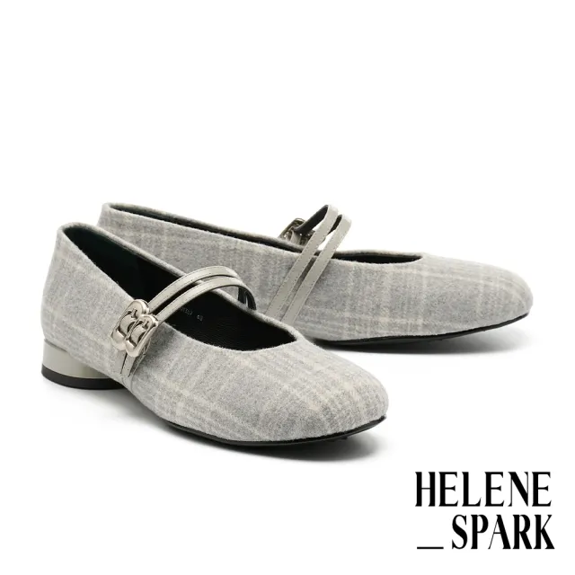 【HELENE_SPARK】復古優雅金屬釦雙繫帶格紋毛呢布瑪莉珍低跟鞋(灰)
