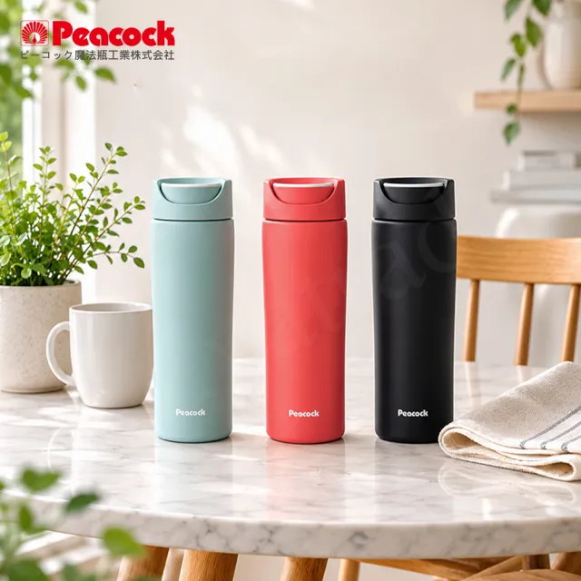 【日本孔雀Peacock】知性隨行 旋轉微笑馬克 不鏽鋼保溫杯-450ml-珊瑚紅(旋蓋即飲設計)(保溫瓶)