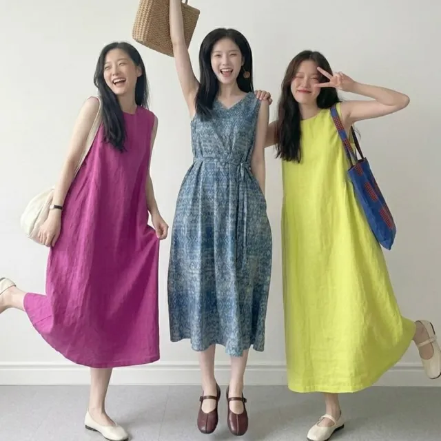 【米蘭精品】多款現貨出清 洋裝無袖連身裙大尺碼女裝連衣裙(亞麻棉麻休閒長裙顯瘦魚尾女裙子多款74kf18)