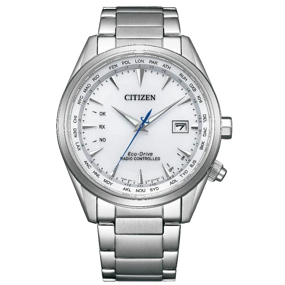 【CITIZEN 星辰】GENTS 亞洲限定英倫風尚光動能電波時尚男錶-白x銀/43mm(CB0270-87A)618 禮物