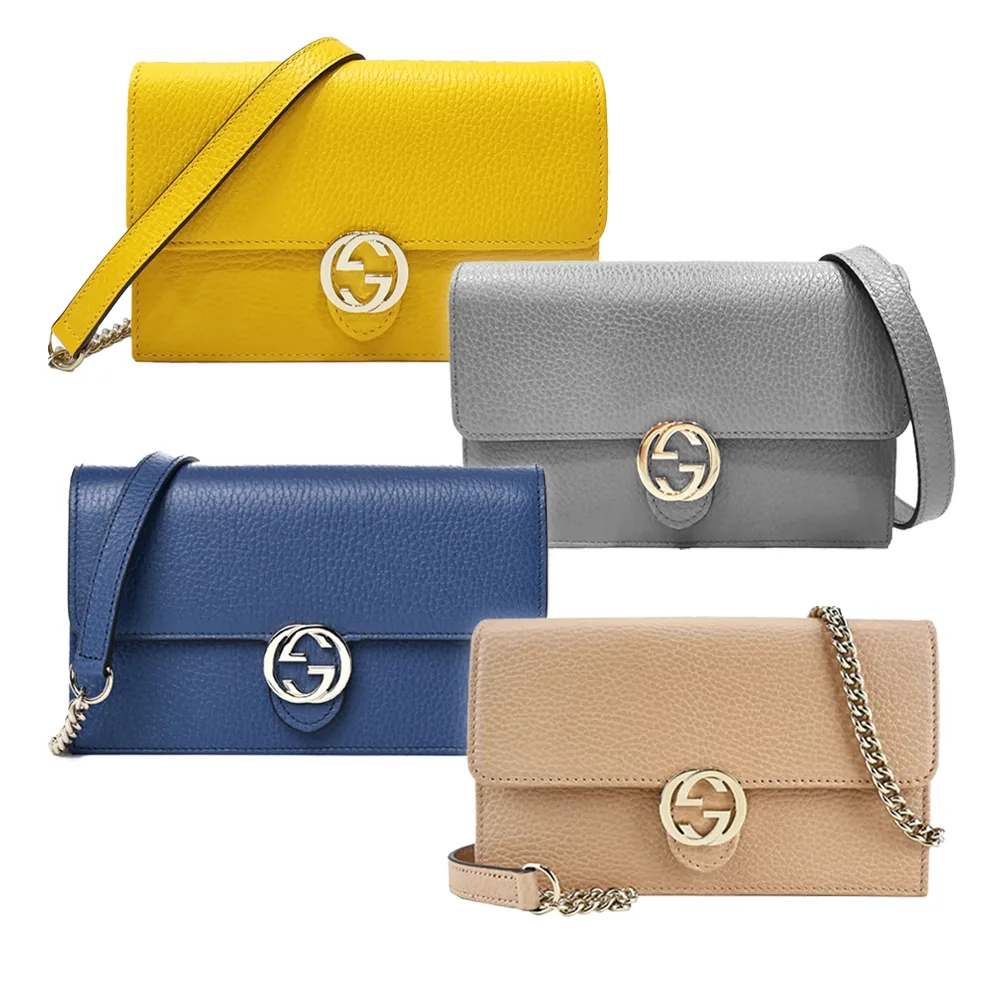 【GUCCI 古馳】615523 / 510314 經典雙G金屬LOGO荔枝紋牛皮鏈帶WOC手拿肩背斜背包(多款可選)