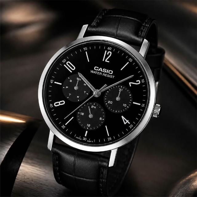 【CASIO 卡西歐】MTP-VT06L-1B 簡約三眼與纖薄設計 男士時尚皮革指針腕錶