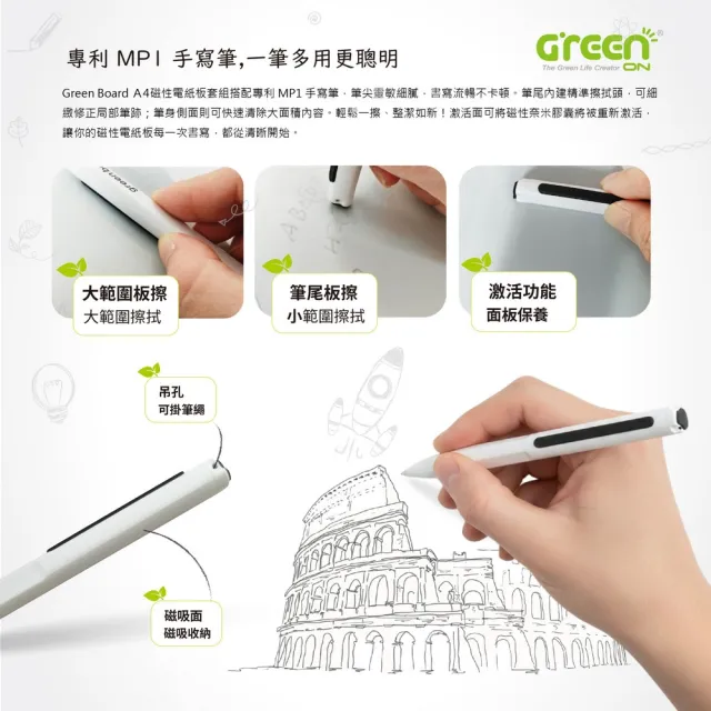 【Green Board 】A4磁性電紙板 MTA4進階收納 電紙板+手寫筆+灰色皮革夾組(MIT雙專利設計 輕薄大尺寸)