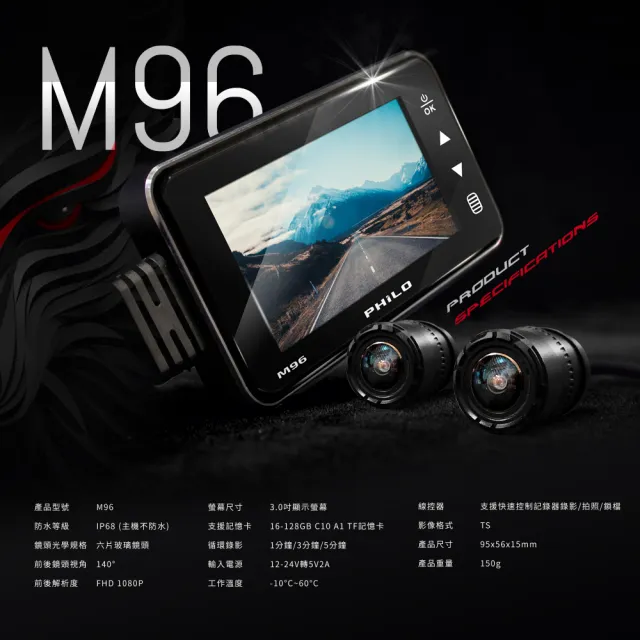 【Philo 飛樂】直接送64G+GPS！M96 前後雙鏡頭 機車雙鏡行車紀錄器/記錄器 (夜視防漏秒/全機防水)