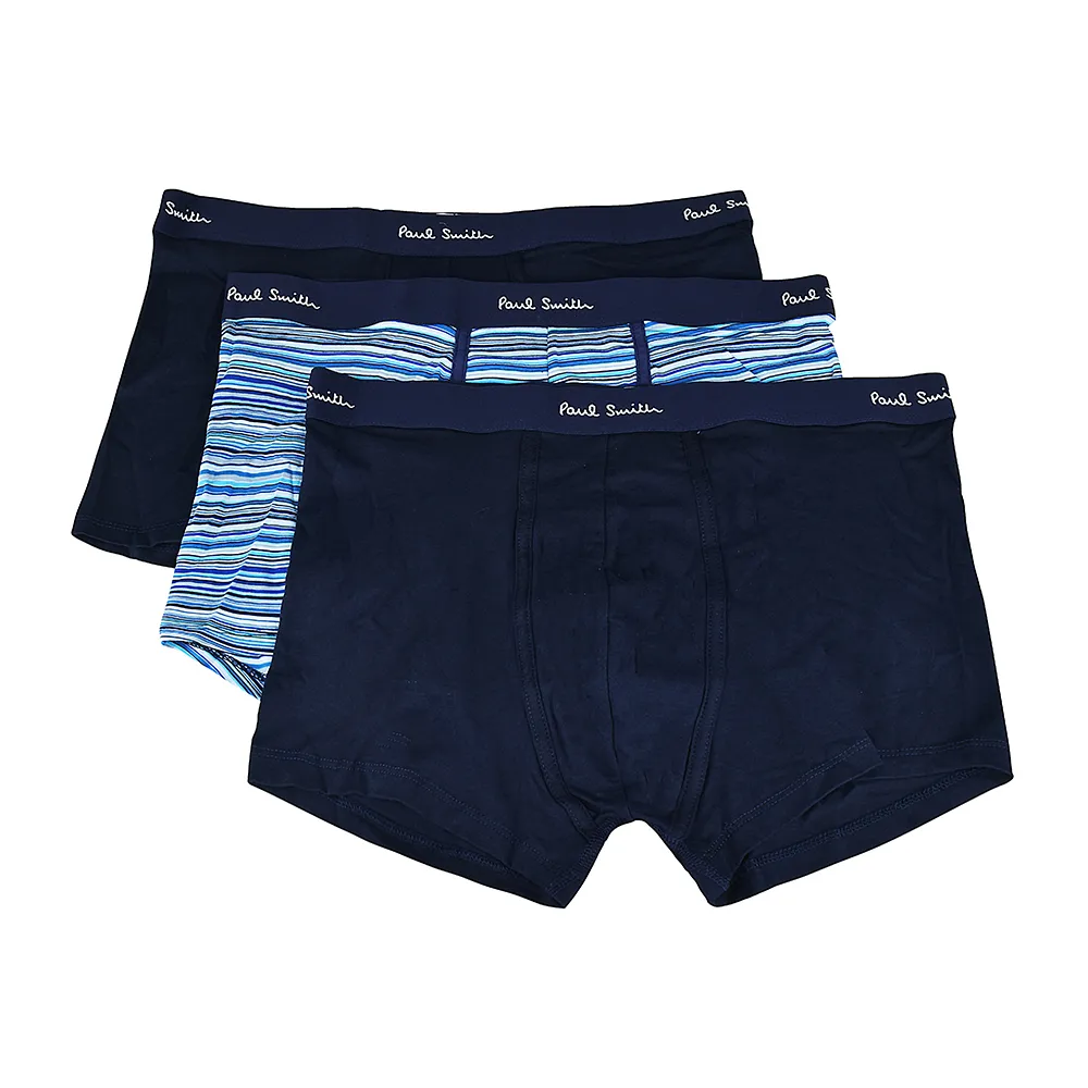 【Paul Smith】PAUL SMITH刺繡LOGO低腰棉質混紡平角內褲三件裝(男款/海軍藍x藍色條紋)
