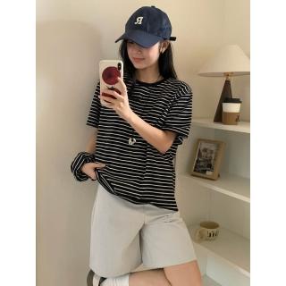 CHILL 韓系拼色圓領細條紋短Tee｜附髮圈 韓系慵懶 顯瘦落肩 五分袖老爹T 條紋T恤