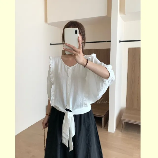 【Want-Meow】90公斤可穿/百搭韓系荷葉邊五分袖下綁帶上衣大學T短袖T(大碼上衣/大碼/大尺碼/短袖上衣)