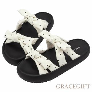 【Grace Gift】Y3K甜酷澎澎蝴蝶結雲感厚底涼鞋 (白圓點)