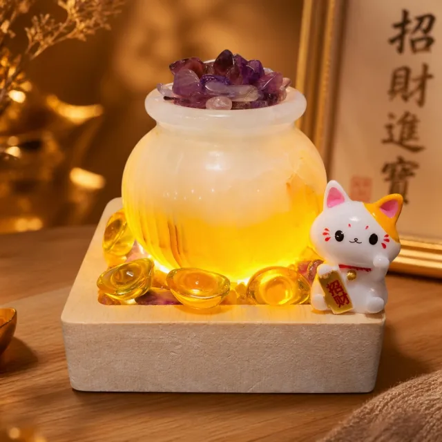 【瑰麗寶】天然水晶招財貓聚財能量甕