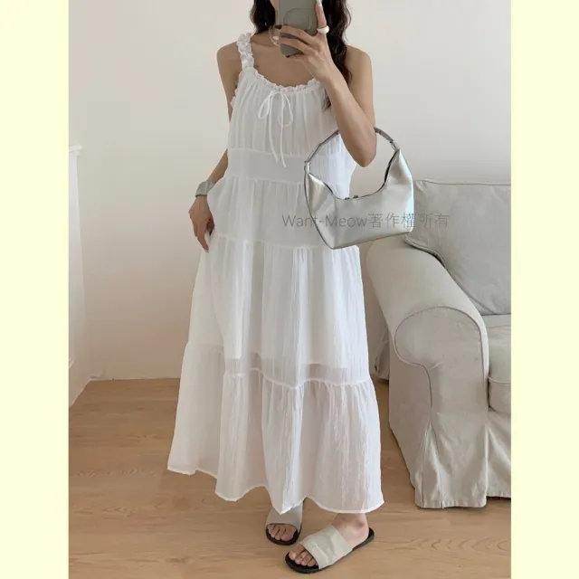 【Want-Meow】80公斤可穿/氣質荷葉吊帶裙蛋糕裙擺連身長洋長裙(大碼/大尺碼/加大碼/孕婦裝/度假風/洋裝)
