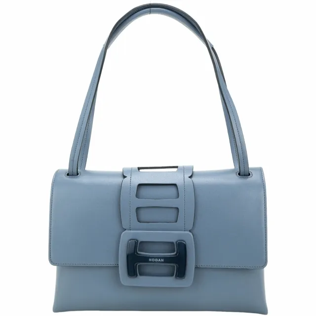 【HOGAN】H-Bag H琺瑯簍空釦帶滑動背帶牛皮肩背包(灰藍)(手提 翻蓋包 義大利精品)