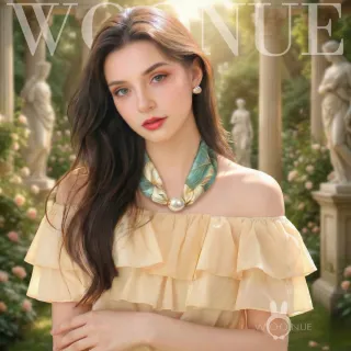 【WOONUE】貴婦高級磁扣絲巾項鍊珍珠樣式絲綢質感領巾圍巾項鍊(送禮母親節老婆媽媽女友閨蜜朋友姐妹禮物)