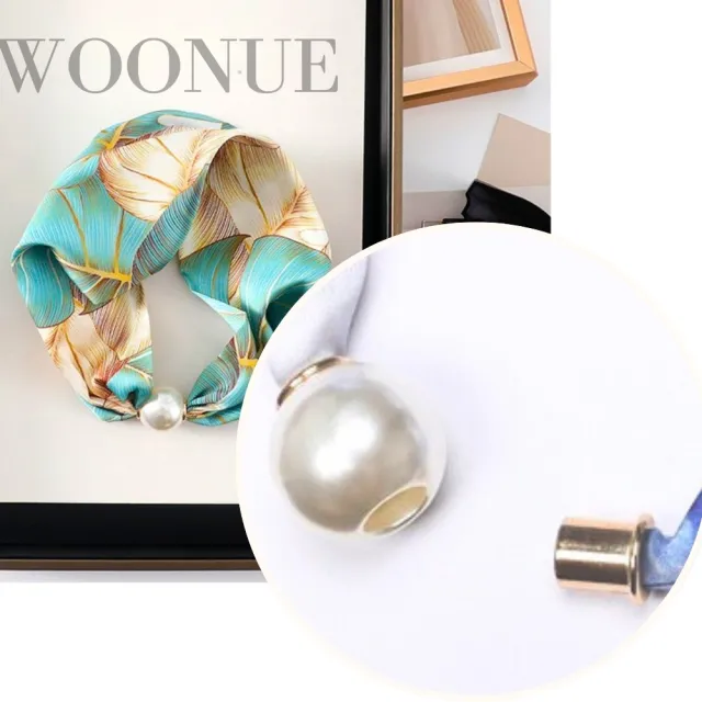 【WOONUE】貴婦高級磁扣絲巾項鍊珍珠樣式絲綢質感領巾圍巾項鍊(送禮母親節老婆媽媽女友閨蜜朋友姐妹禮物)