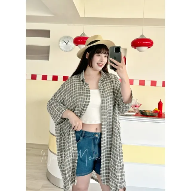 【Want-Meow】100公斤可穿/透膚寬鬆日系涼格紋爽棉格紋中長版襯衫外套上衣(大碼上衣/大碼/大尺碼/外套)