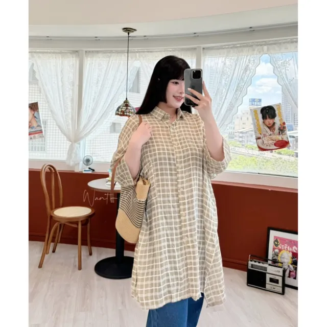 【Want-Meow】100公斤可穿/透膚寬鬆日系涼格紋爽棉格紋中長版襯衫外套上衣(大碼上衣/大碼/大尺碼/外套)