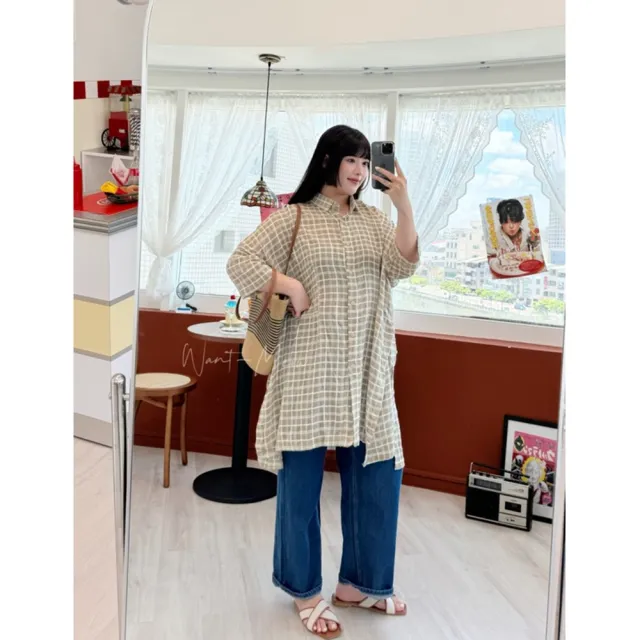 【Want-Meow】100公斤可穿/透膚寬鬆日系涼格紋爽棉格紋中長版襯衫外套上衣(大碼上衣/大碼/大尺碼/外套)