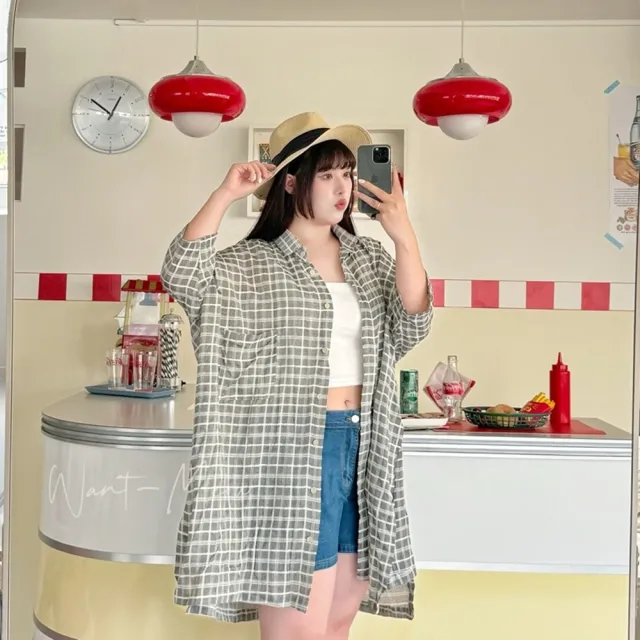 【Want-Meow】100公斤可穿/透膚寬鬆日系涼格紋爽棉格紋中長版襯衫外套上衣(大碼上衣/大碼/大尺碼/外套)