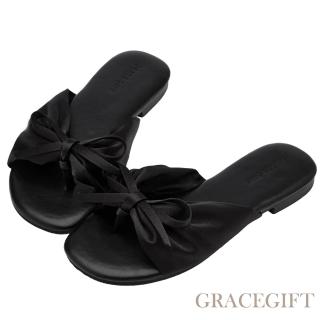 【Grace Gift】甜心緞光雲感蝴蝶結平底夾腳拖鞋 (黑)