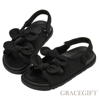 【Grace Gift】休閒甜感雙蝴蝶結可調節平底涼鞋 (黑)