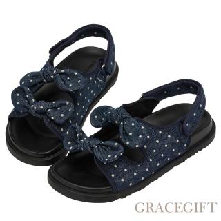 【Grace Gift】休閒甜感雙蝴蝶結可調節平底涼鞋 (牛仔)
