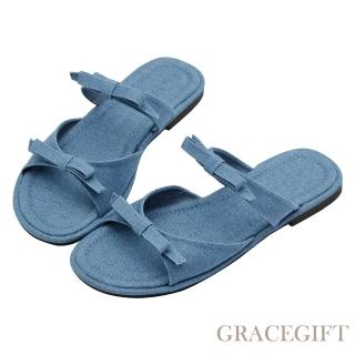 【Grace Gift】韓系夏日雙蝴蝶結雲感平底拖鞋 (牛仔)