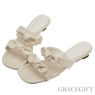 【Grace Gift】日系漫步雙蝴蝶結楔型低跟拖鞋 (杏)