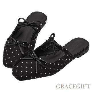 【Grace Gift】日雜穿搭蝴蝶結微方頭平底穆勒鞋 (黑圓點)