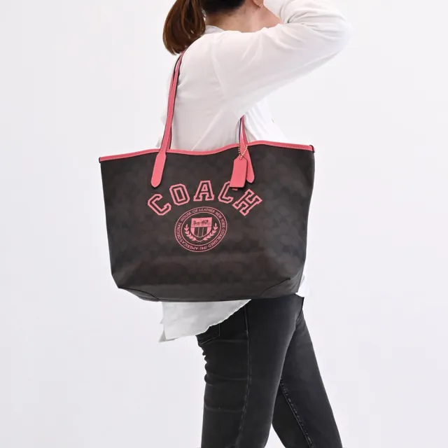 【COACH】經典C字LOGO印花拼接大肩背包托特購物包(深咖)